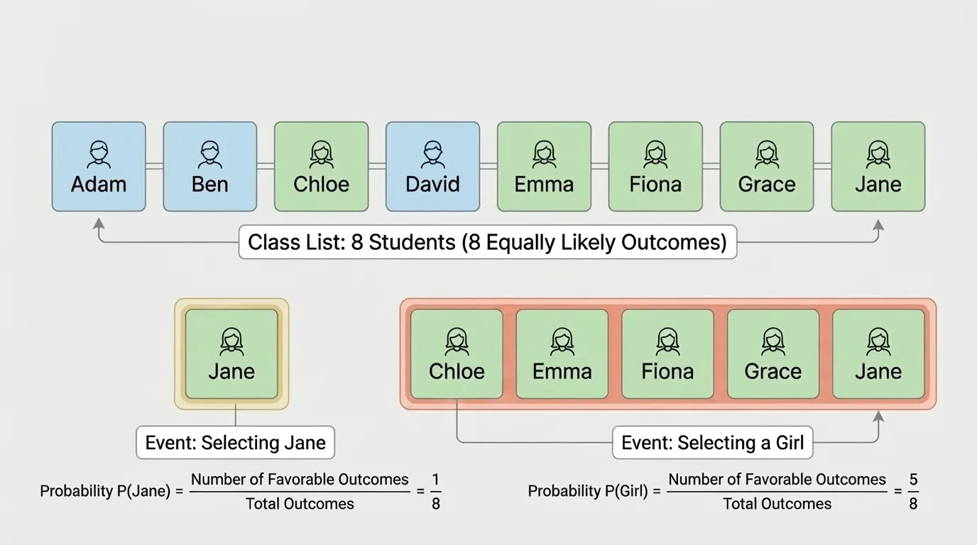Class list of 8 students shown as 8 equal boxes, one box labeled Jane highlighted and 5 boxes labeled girls highlighted to represent equally likely outcomes