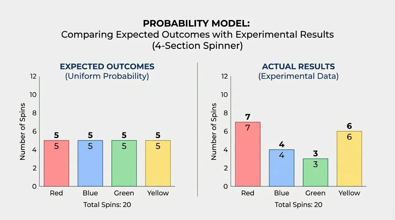 Side-by-side bar chart comparing expected outcomes of 5 each for 20 spins of a 4-section fair spinner with an actual result of red 7, blue 4, green 3, yellow 6