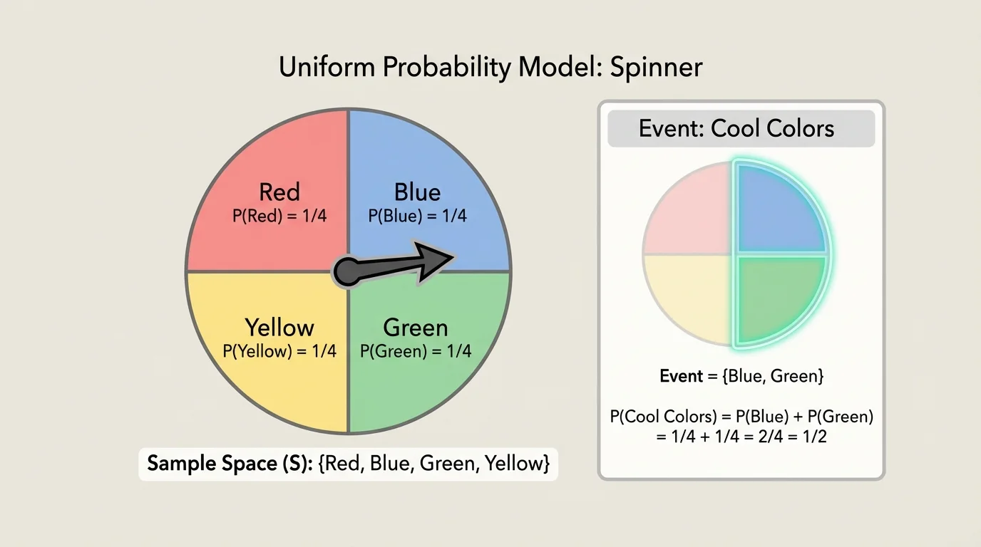 Spinner divided into 4 equal sections labeled red, blue, green, yellow, with sample space shown and the event cool colors highlighting blue and green