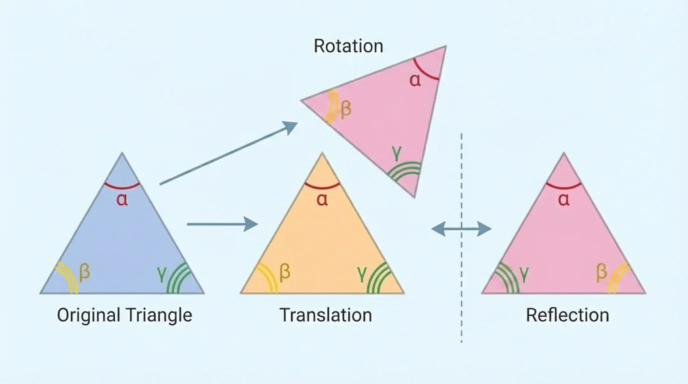 Triangle and its images under translation, rotation, and reflection with matching angle markings