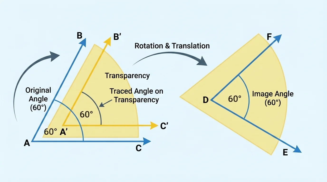 Traced angle on transparency moved by a rotation and translation to match the image angle