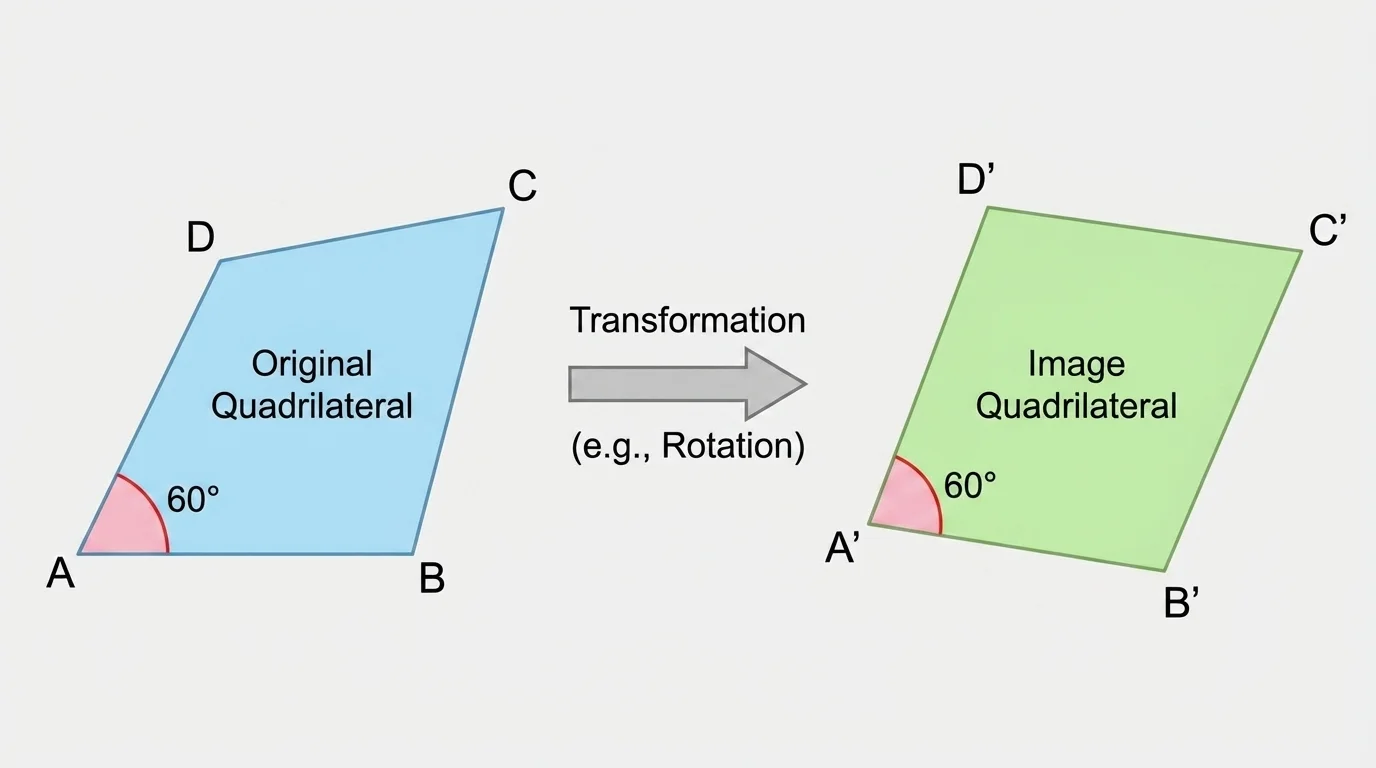 Original quadrilateral and image with corresponding vertices labeled and one pair of equal angles highlighted