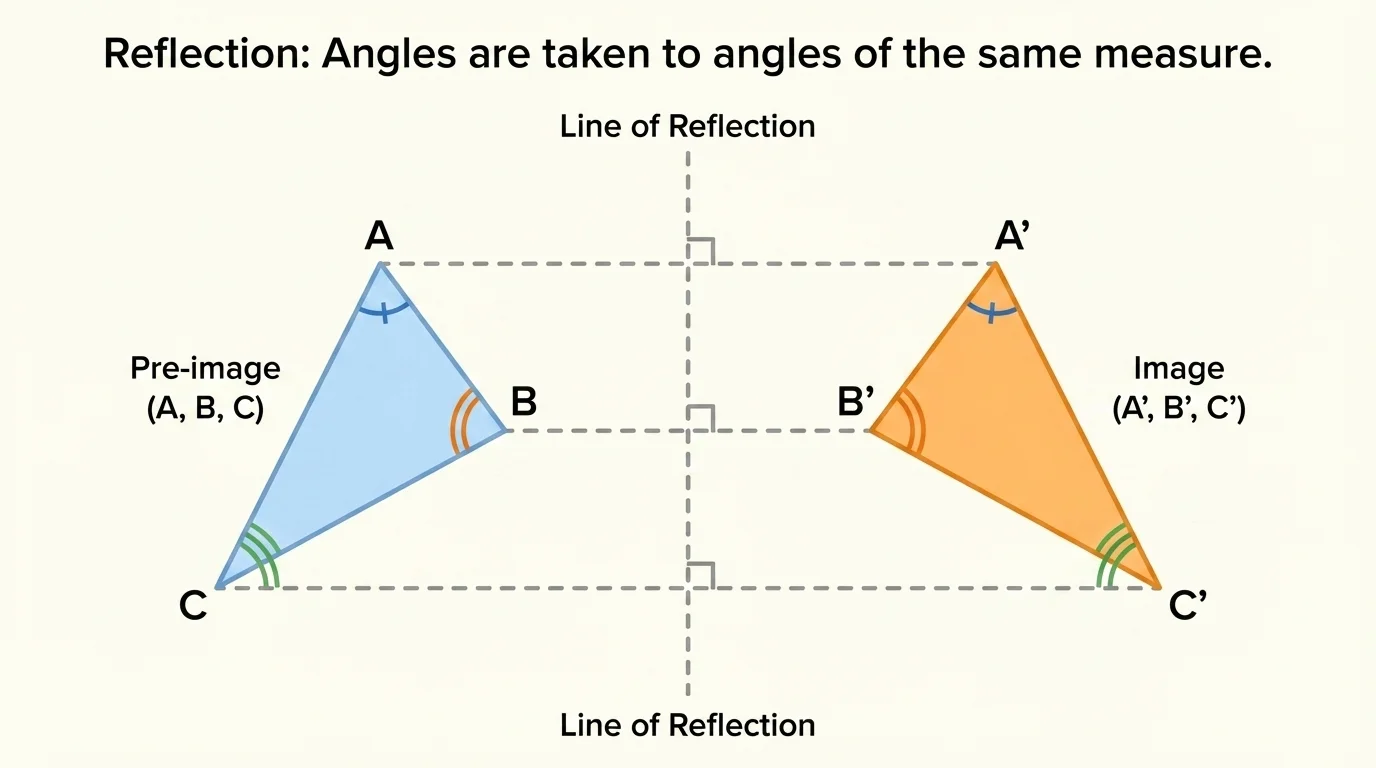 Shape reflected across a vertical line with corresponding angle arcs marked equal