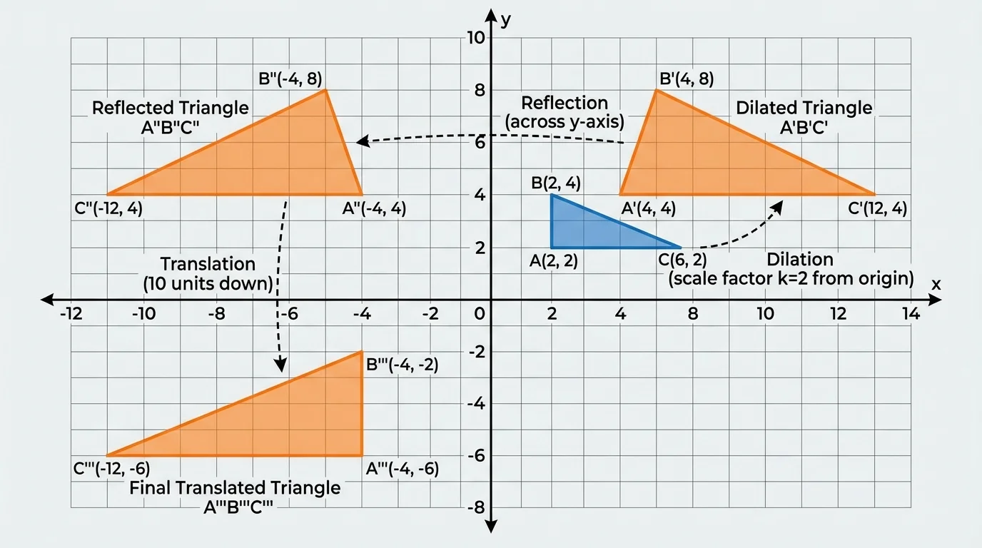 Coordinate-plane diagram showing original triangle in quadrant I, then its dilated image, reflected image across the y-axis, and final translated image