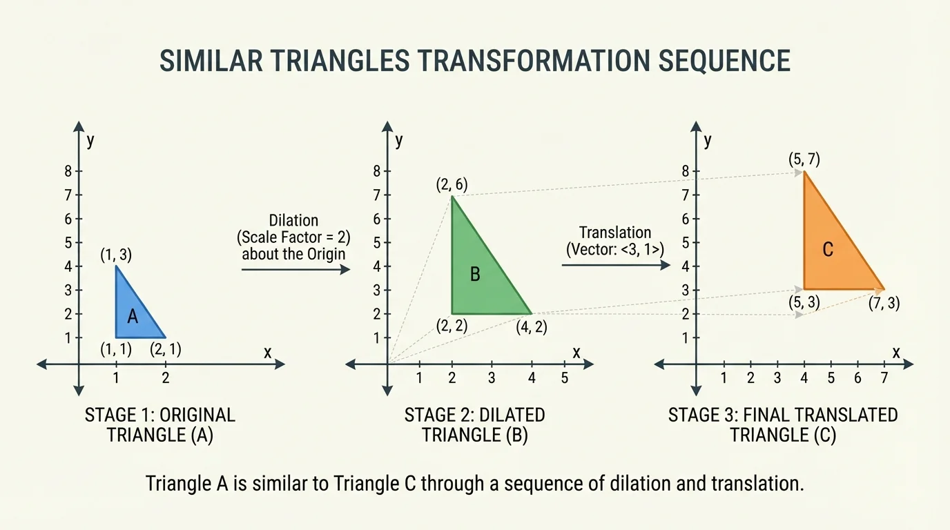 Three-stage coordinate-plane diagram showing original triangle, a dilated triangle, and the final translated or rotated triangle