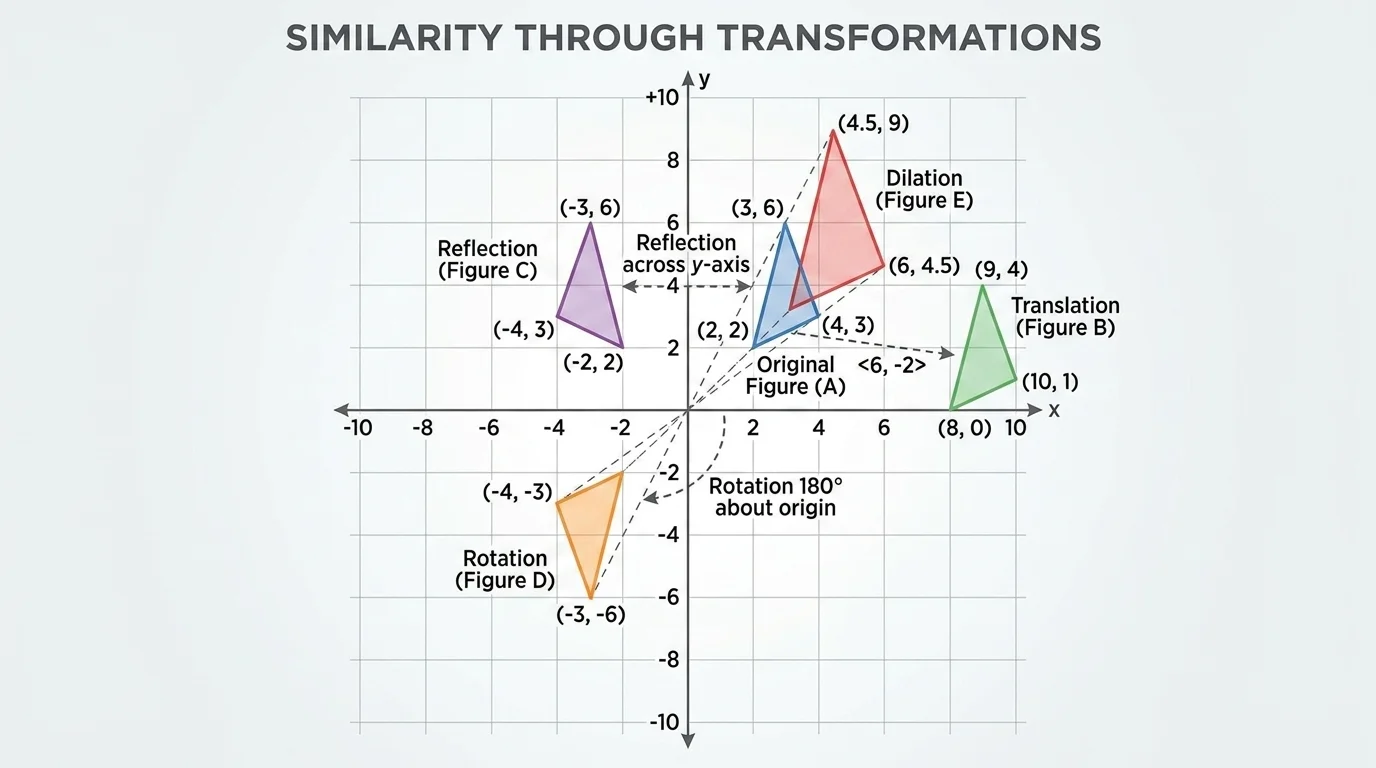 Coordinate-plane diagram with one polygon and four transformed images labeled translation, rotation, reflection, and dilation