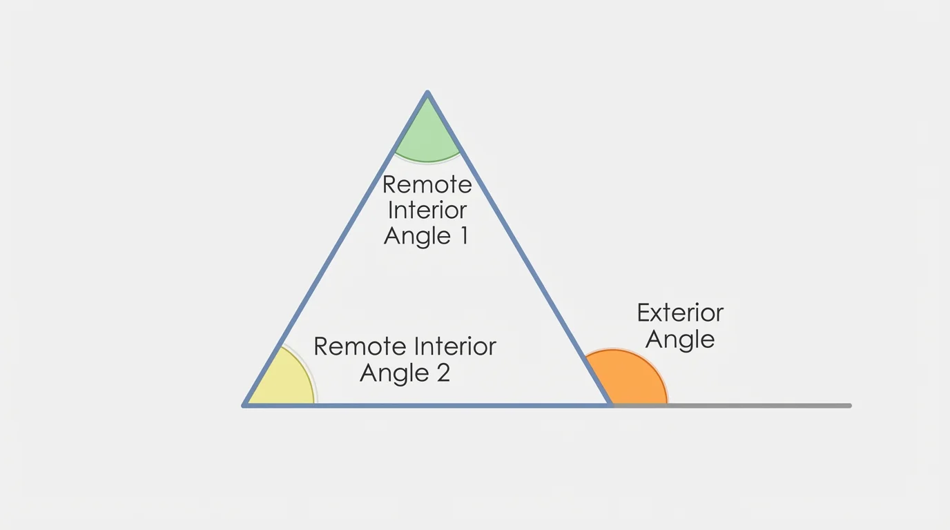 Triangle with one side extended at a vertex, showing the exterior angle and the two remote interior angles highlighted in different colors