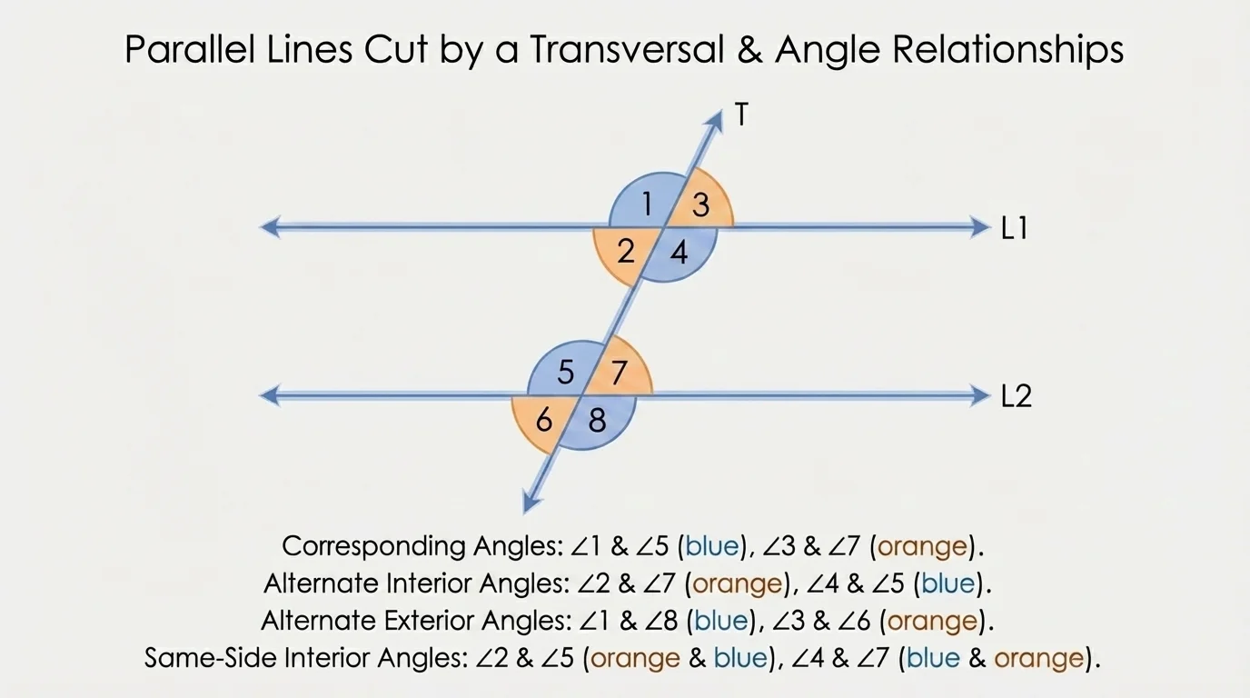 Two parallel horizontal lines cut by a slanted transversal, with corresponding, alternate interior, alternate exterior, and same-side interior angle pairs color-coded and simply labeled