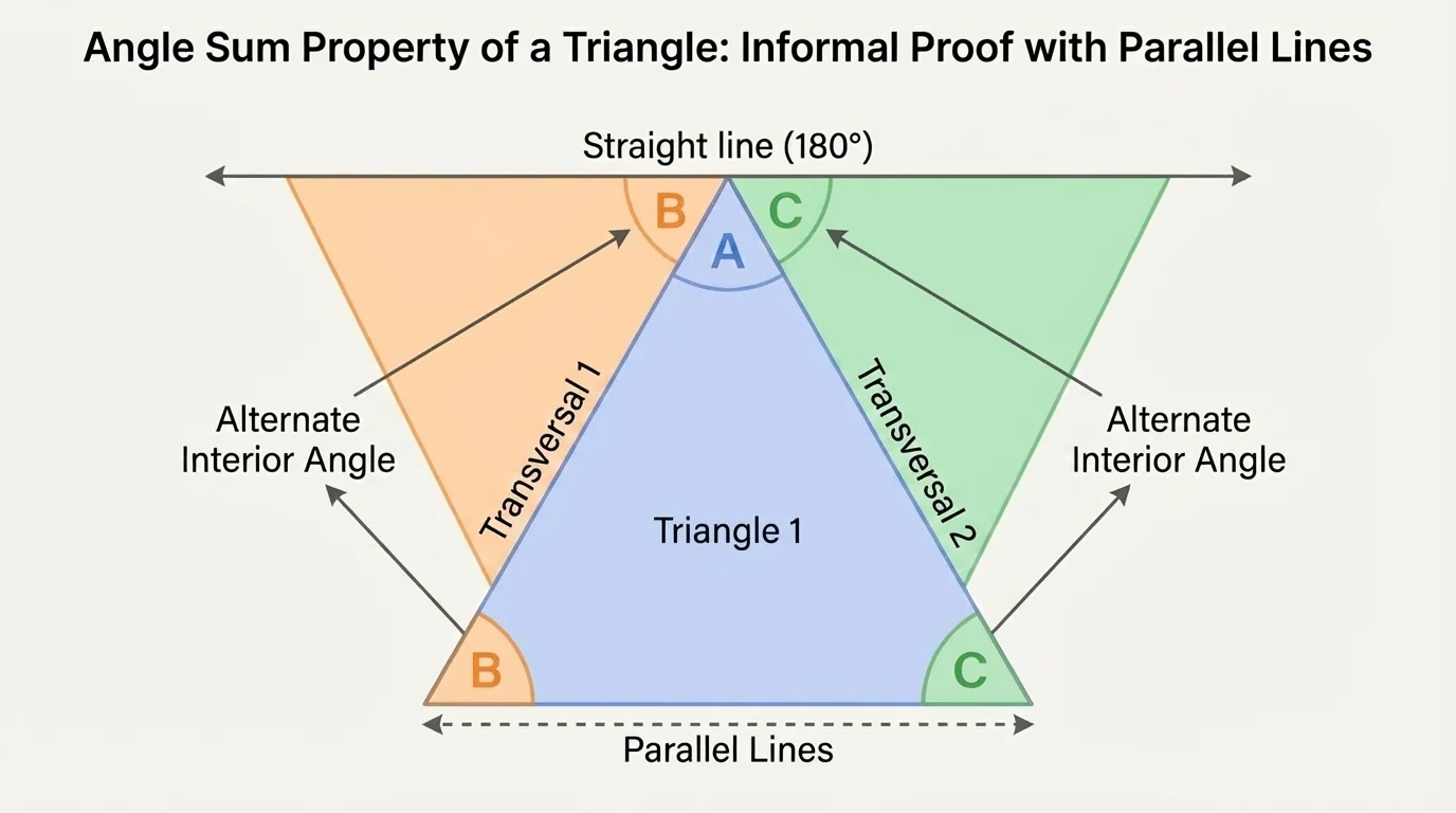 Three congruent triangles arranged around a point so one interior angle from each triangle forms a straight line, with the three angles highlighted in matching colors
