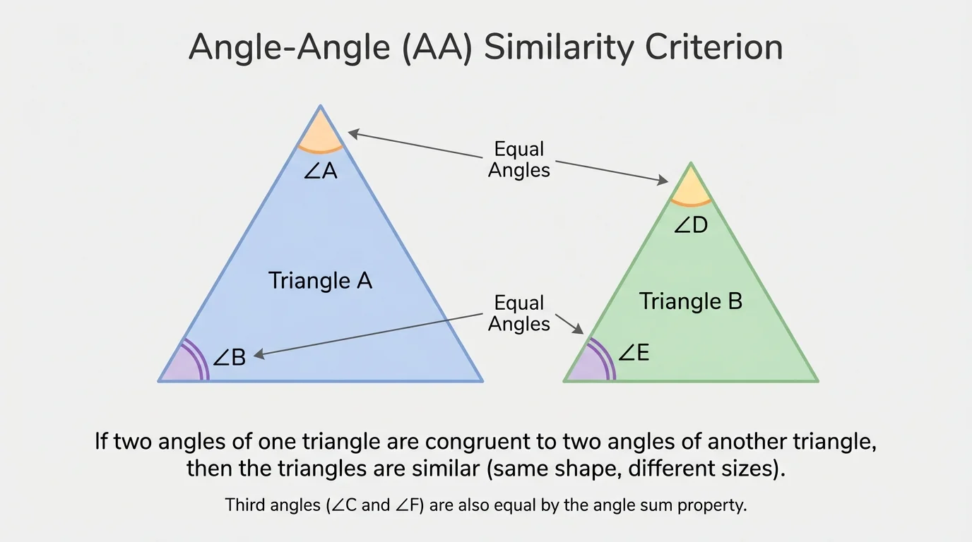 Two triangles of different sizes side by side with two pairs of equal angles marked, showing same shape but different size