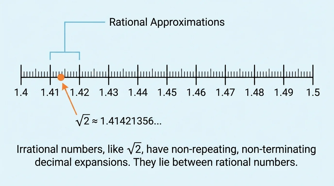 number line from 1 to 2 showing the point sqrt(2) between 1.41 and 1.42, with marks at 1.4, 1.41, and 1.42 to illustrate rational approximations