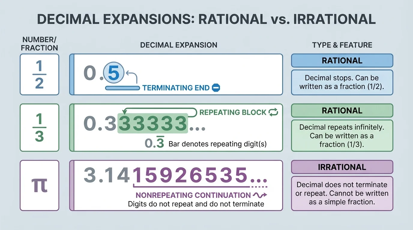 chart comparing decimal expansions 0.5, 0.333..., and 3.14159... with the terminating end, repeating block, and nonrepeating continuation visually highlighted