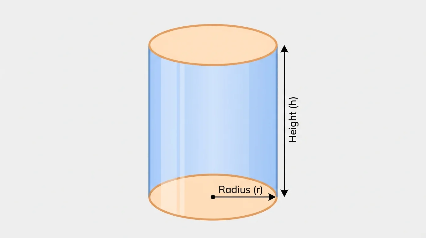 Labeled cylinder with circular base, radius drawn from center to edge, and vertical height marked