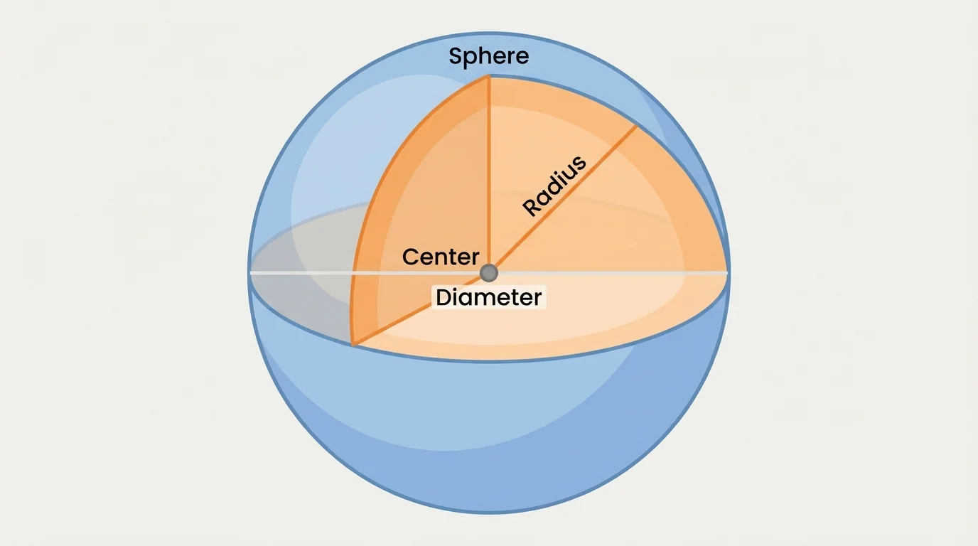 Cutaway sphere showing center point, radius line, and full diameter line