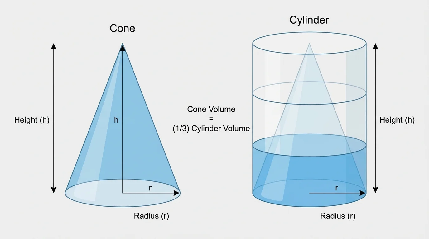 Side-by-side cone and cylinder with equal radius and height, shaded to show cone is one-third of the cylinder volume