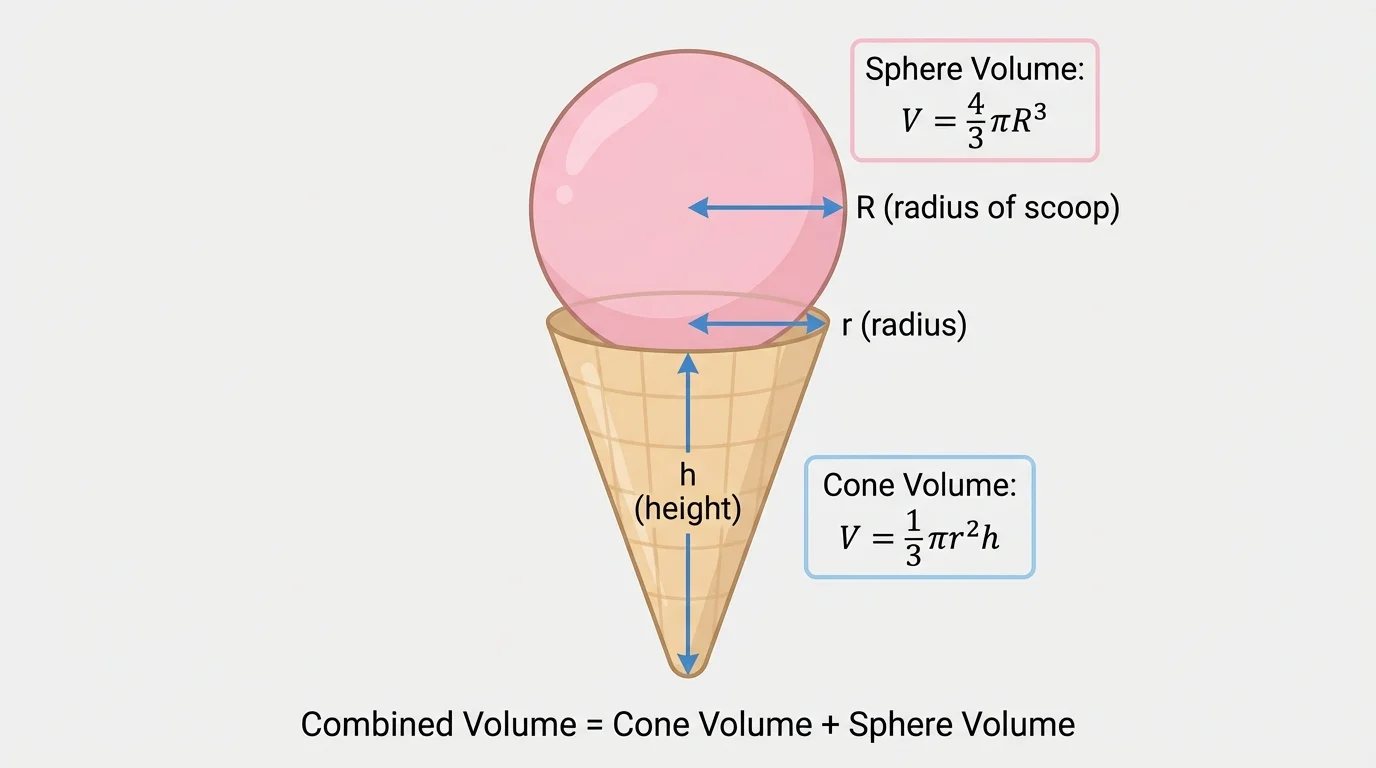 Ice cream cone with cone dimensions labeled and one scoop on top, illustrating combined volume situation