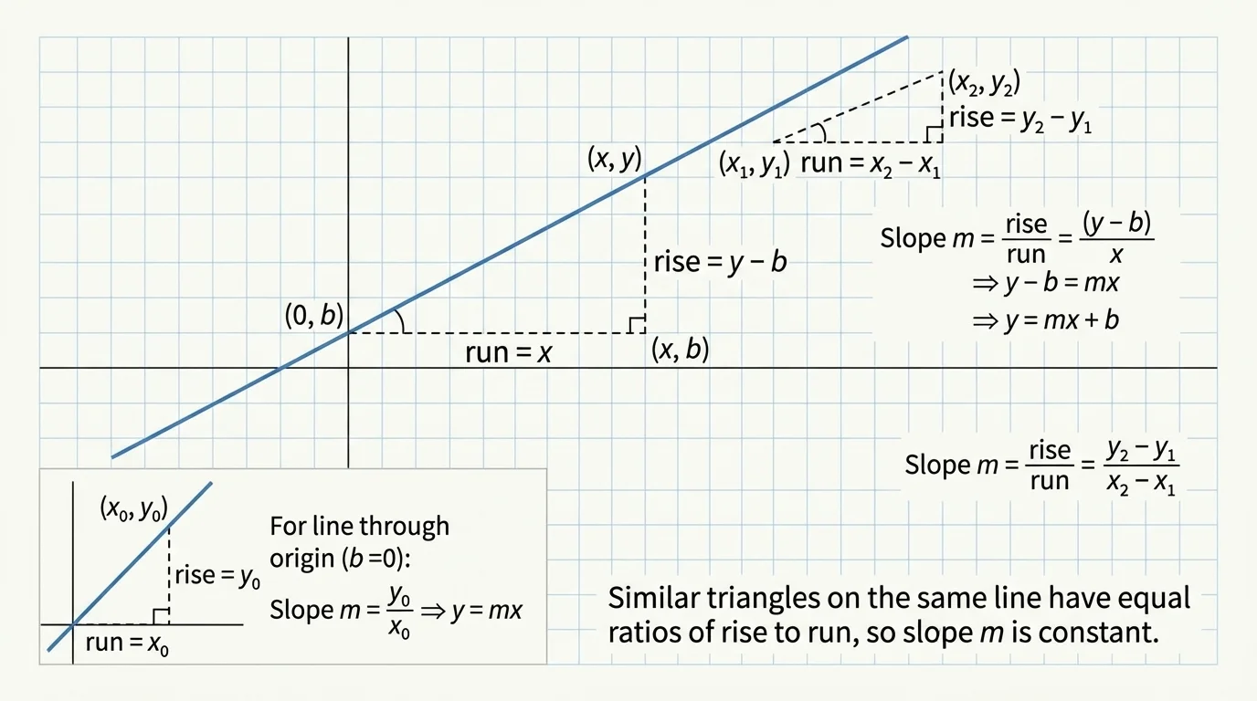 Coordinate plane with a line crossing the vertical axis at b, one slope triangle from the intercept to another point, and labels for rise, run, and intercept