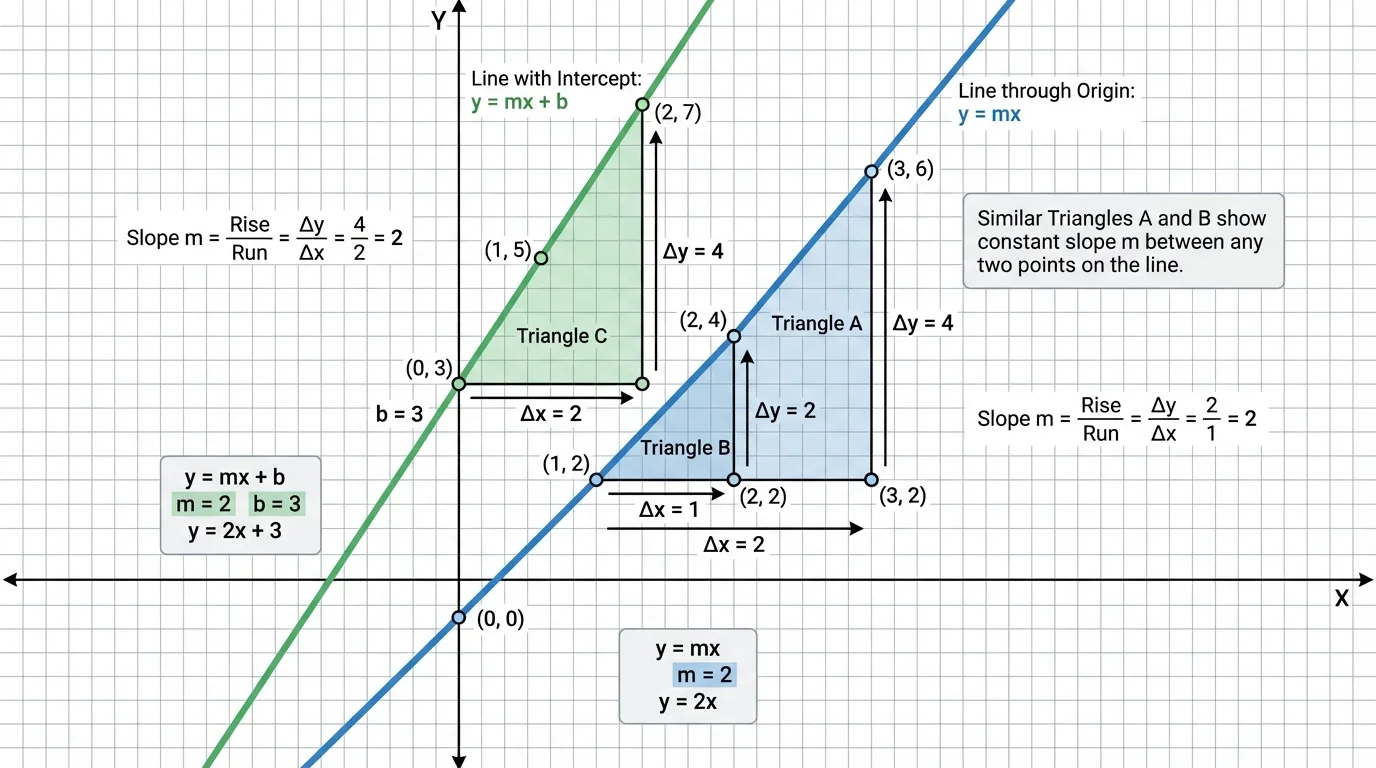 Coordinate plane with a line through the origin, points such as (1,2), (2,4), (3,6), and matching rise-run triangles