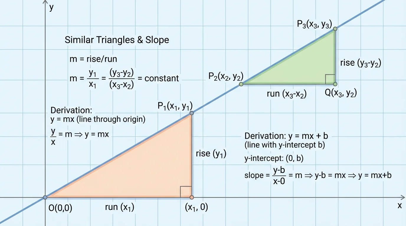 Coordinate plane with one non-vertical line and two right triangles between different point pairs, labeled rise and run to show similar triangles