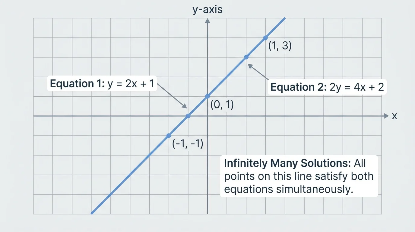 Coordinate plane showing one line with two equation labels, indicating that both equations graph to the same line and all points are shared