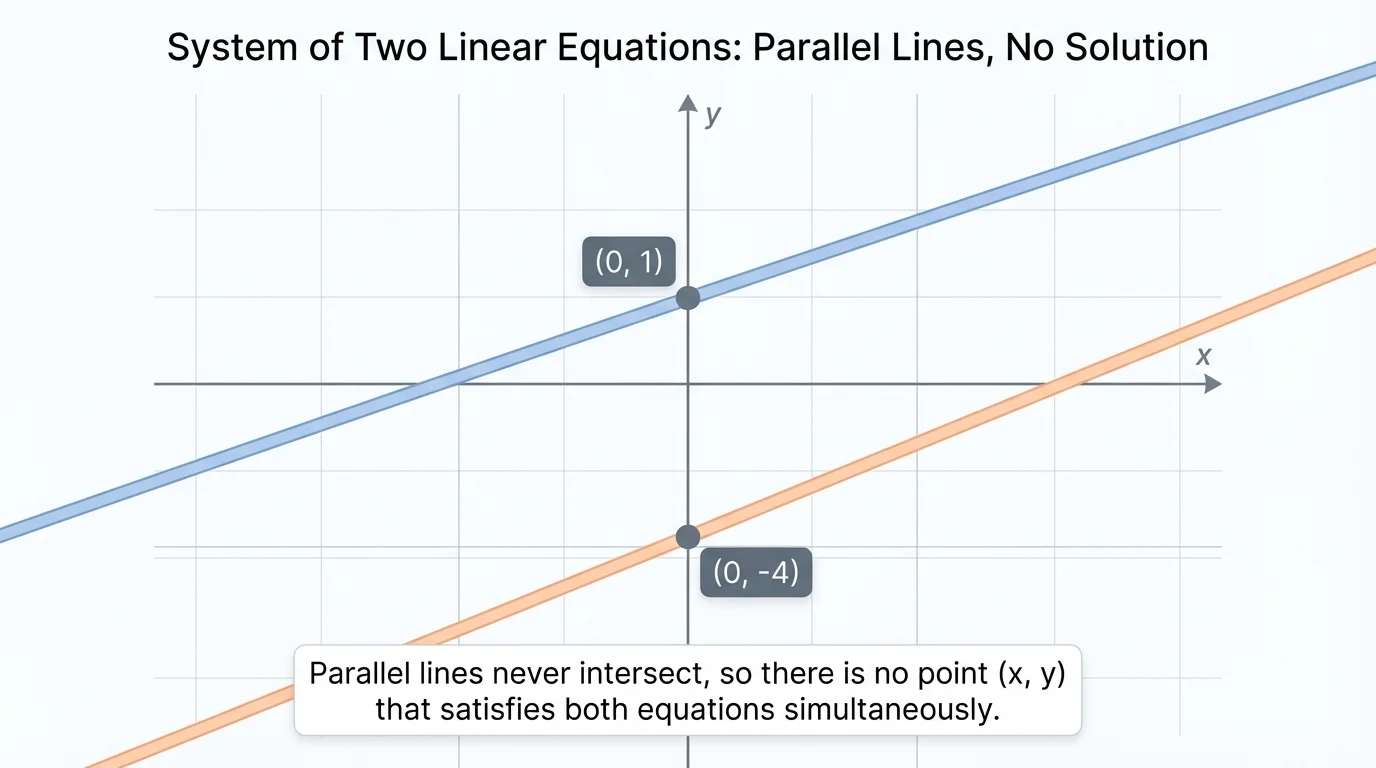 Coordinate plane with two parallel rising lines, one crossing the y-axis at 1 and the other at -4, showing they never intersect