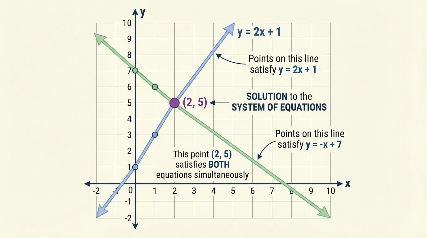 Coordinate plane with two lines intersecting once at a labeled point such as (2, 5), showing one rising line and one falling line