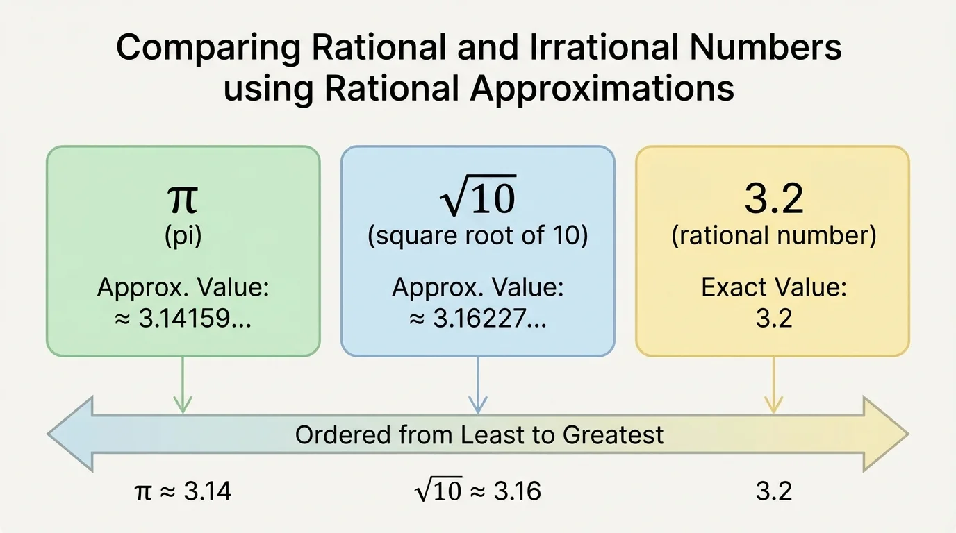 Comparison chart showing approximate decimal values for sqrt(10), pi, and 3.2, with an ordering from least to greatest