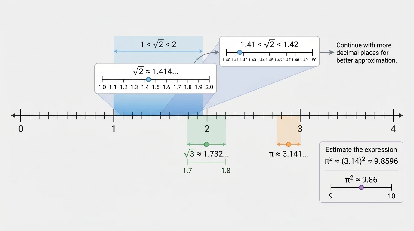 Number line from 0 to 4 with integer and tenth marks, showing approximate points for sqrt(2), sqrt(3), and pi