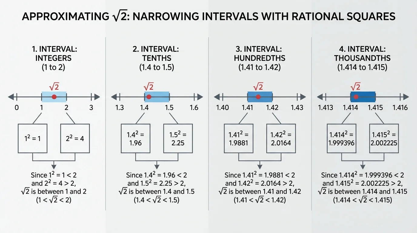 Narrowing intervals for sqrt(2), showing 1 to 2, then 1.4 to 1.5, then 1.41 to 1.42, then 1.414 to 1.415 using nearby squares