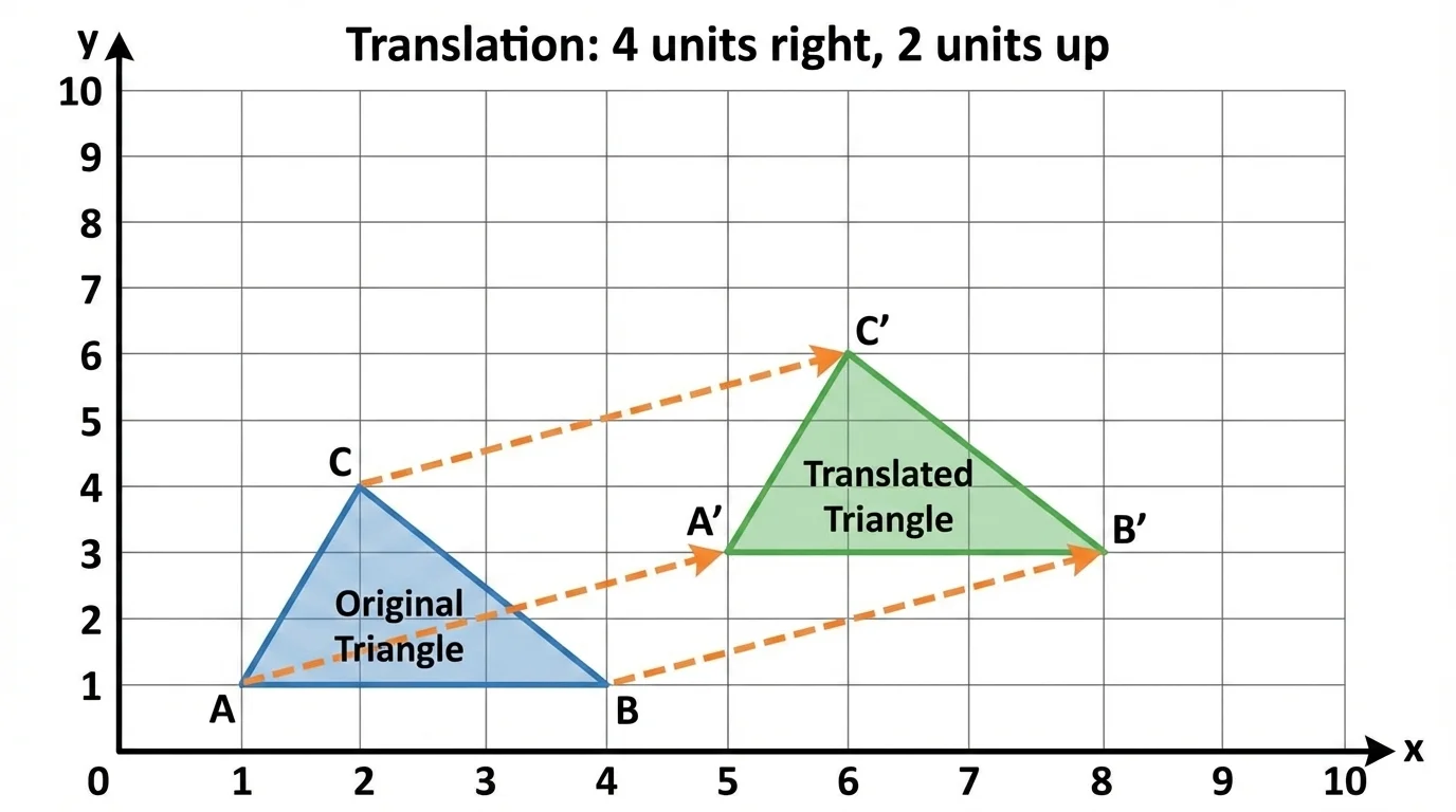 Triangle on a coordinate plane translated 4 units right and 2 units up, with arrows from each original vertex to its image