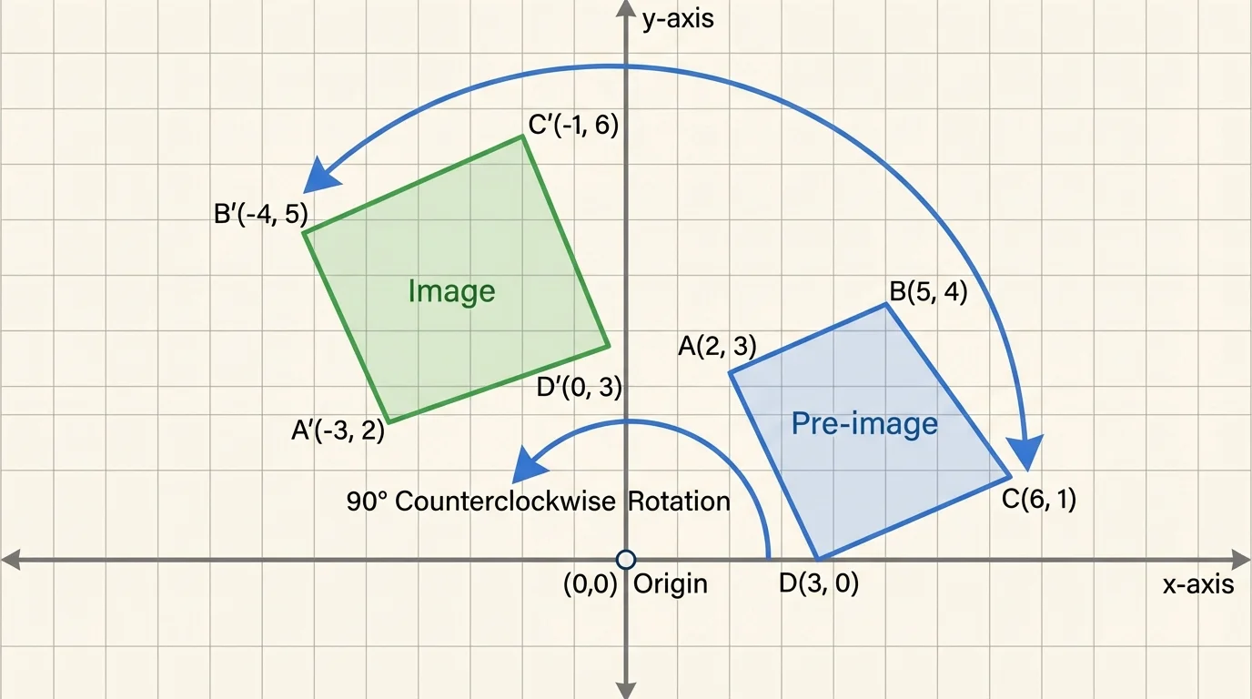 Quadrilateral rotated 90 degrees counterclockwise about the origin, with curved arrows centered at the origin