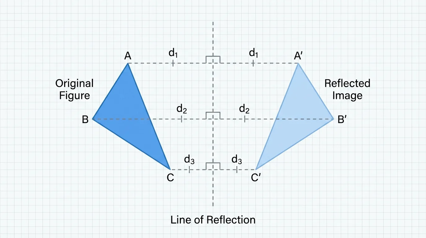 Polygon reflected across a vertical line, with dashed perpendicular segments showing equal distance from each point to the mirror line