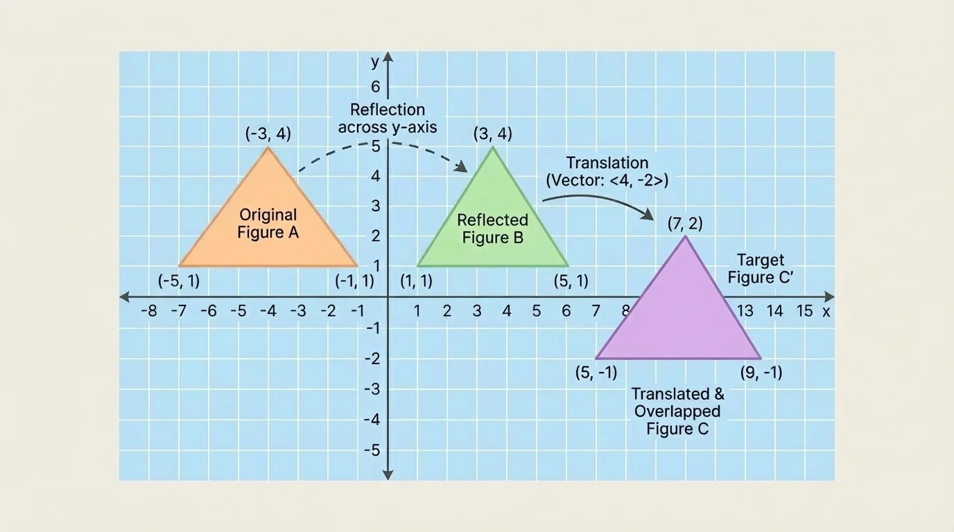 Two congruent triangles on a coordinate grid, with the first reflected across the y-axis and then translated to overlap the second