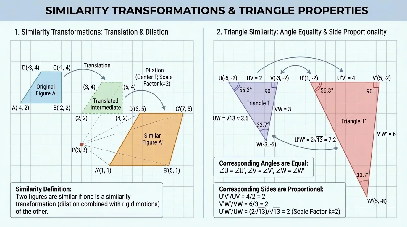 two matching polygons on a grid, one translated and then dilated from a center point to overlap the other
