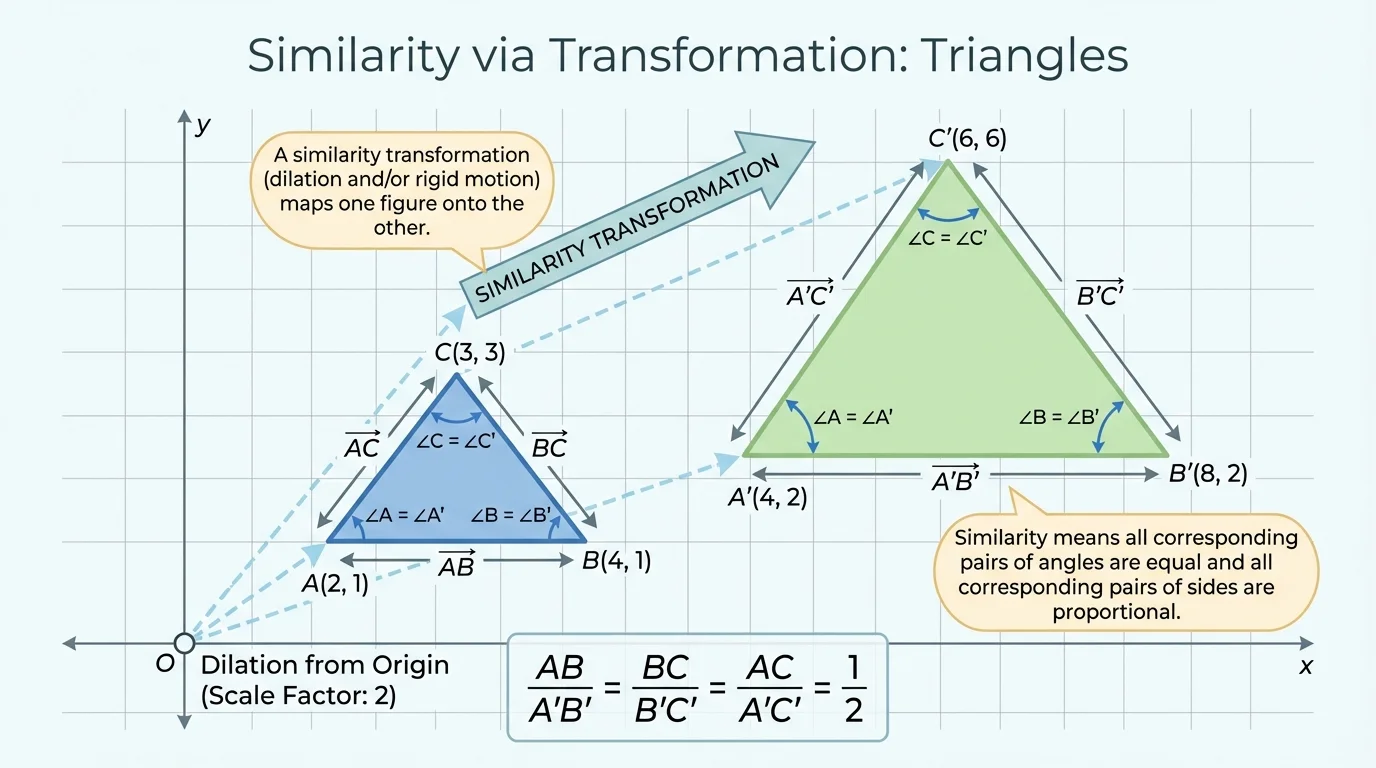 coordinate grid with triangle ABC and image A'B'C' after dilation from the origin, matching vertices labeled