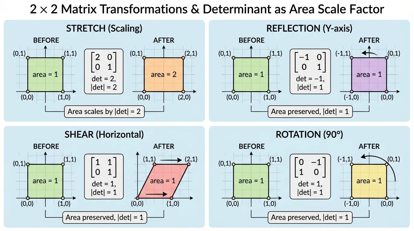 four small coordinate-plane panels comparing a square before and after stretch, reflection, shear, and rotation