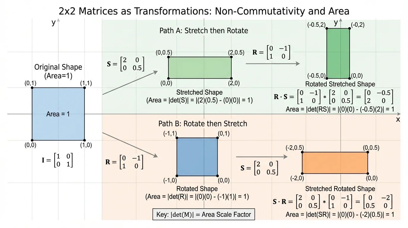 coordinate plane with one shape transformed by stretch-then-rotation and rotation-then-stretch, producing two different images
