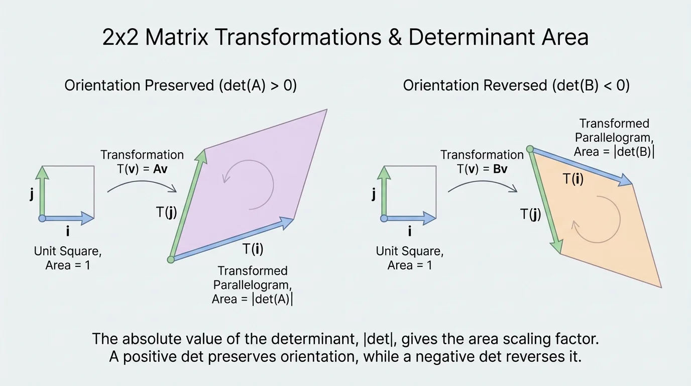side-by-side parallelograms formed from transformed basis vectors, one preserving orientation and one reversing orientation