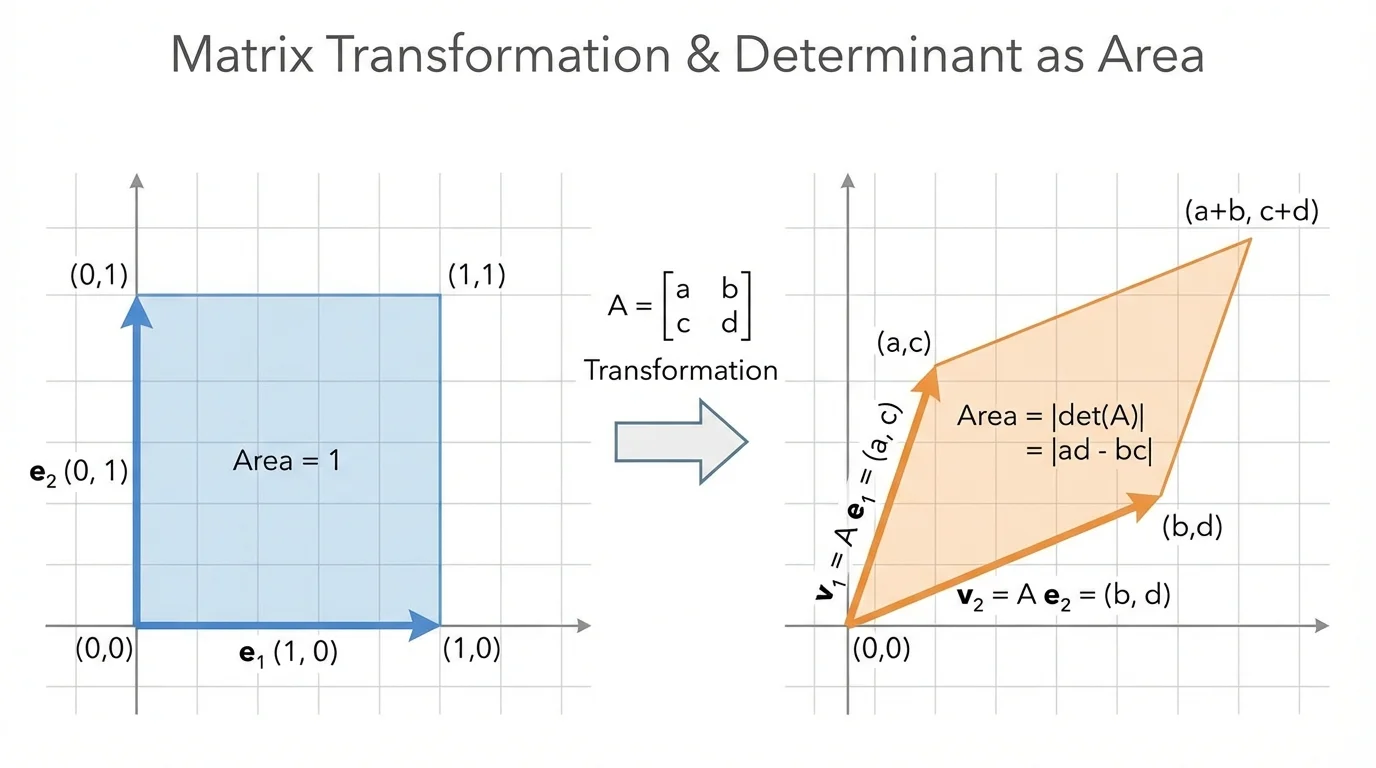 coordinate plane showing the unit square and its image under a 2 x 2 matrix, with basis vectors mapped to new vectors