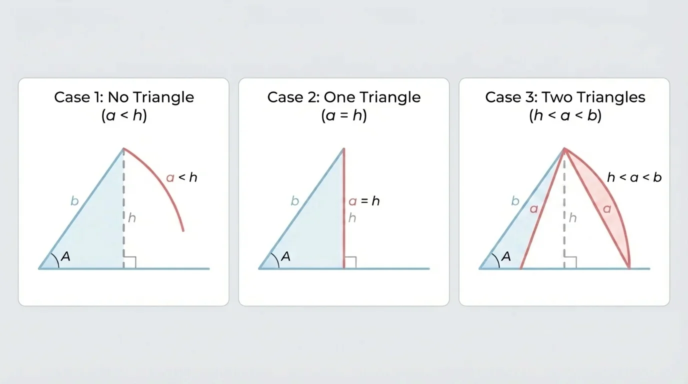 Three side-by-side triangle sketches for the SSA ambiguous case showing no triangle, one triangle, and two possible triangles based on a side compared to a height