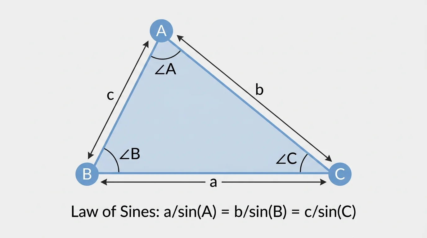 Oblique triangle labeled with angles A, B, C and opposite sides a, b, c to show side-angle correspondence for the Law of Sines