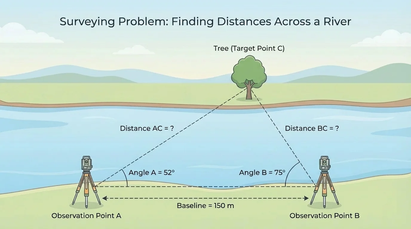 Surveying scene with two observation points on one riverbank, a tree on the opposite bank, measured baseline, and two sight angles forming a triangle