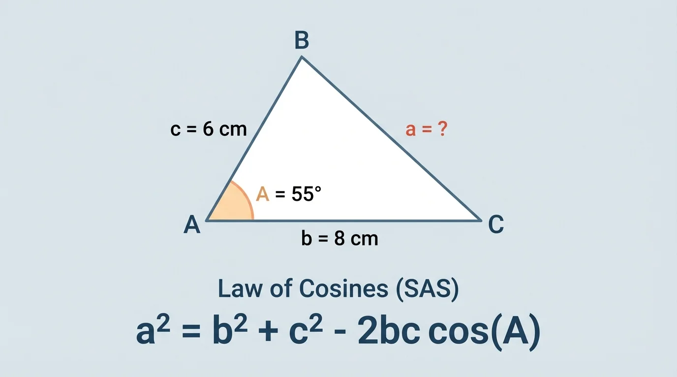 Triangle with two known sides and the included angle highlighted, and the opposite side marked as the unknown for Law of Cosines use