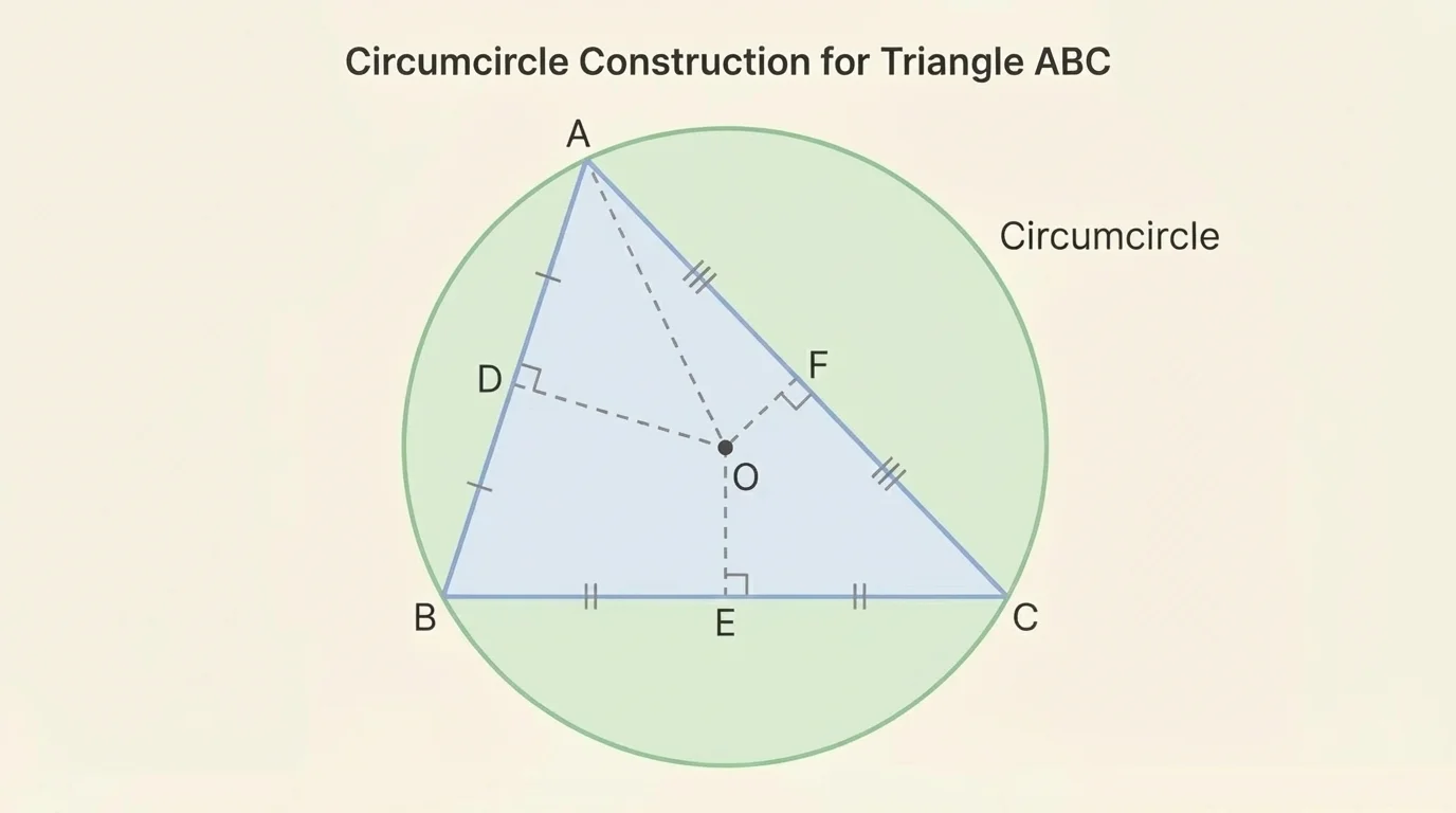 Triangle with perpendicular bisectors of two sides meeting at the circumcenter and the circumcircle passing through all vertices