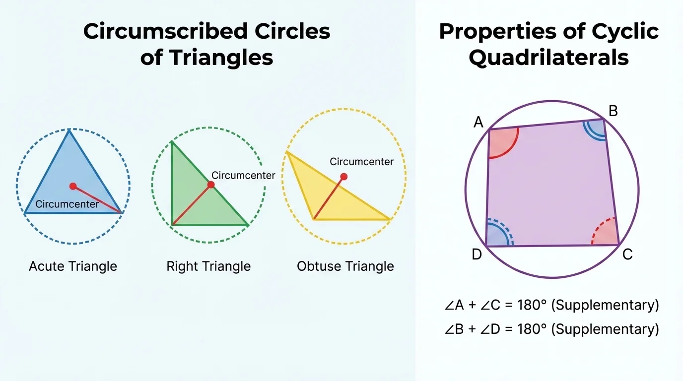 Three triangles—acute, right, and obtuse—with circumcenter marked inside, at the midpoint of the hypotenuse, and outside