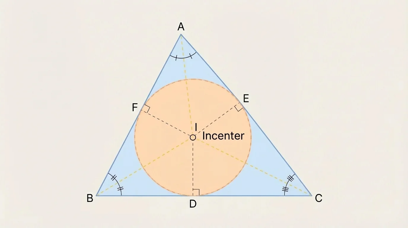 Triangle with angle bisectors meeting at the incenter and the inscribed circle tangent to all three sides