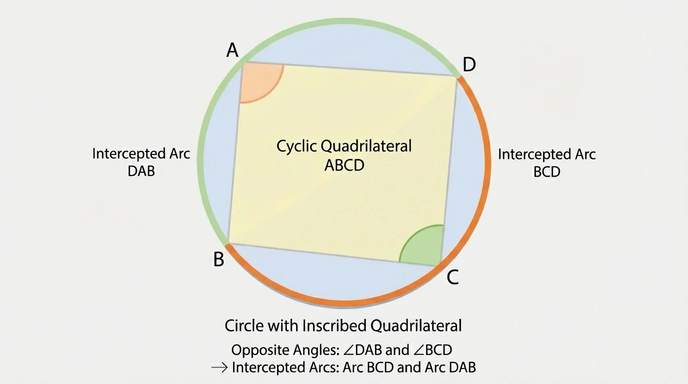 Circle with cyclic quadrilateral ABCD inscribed, showing intercepted arcs for opposite angles