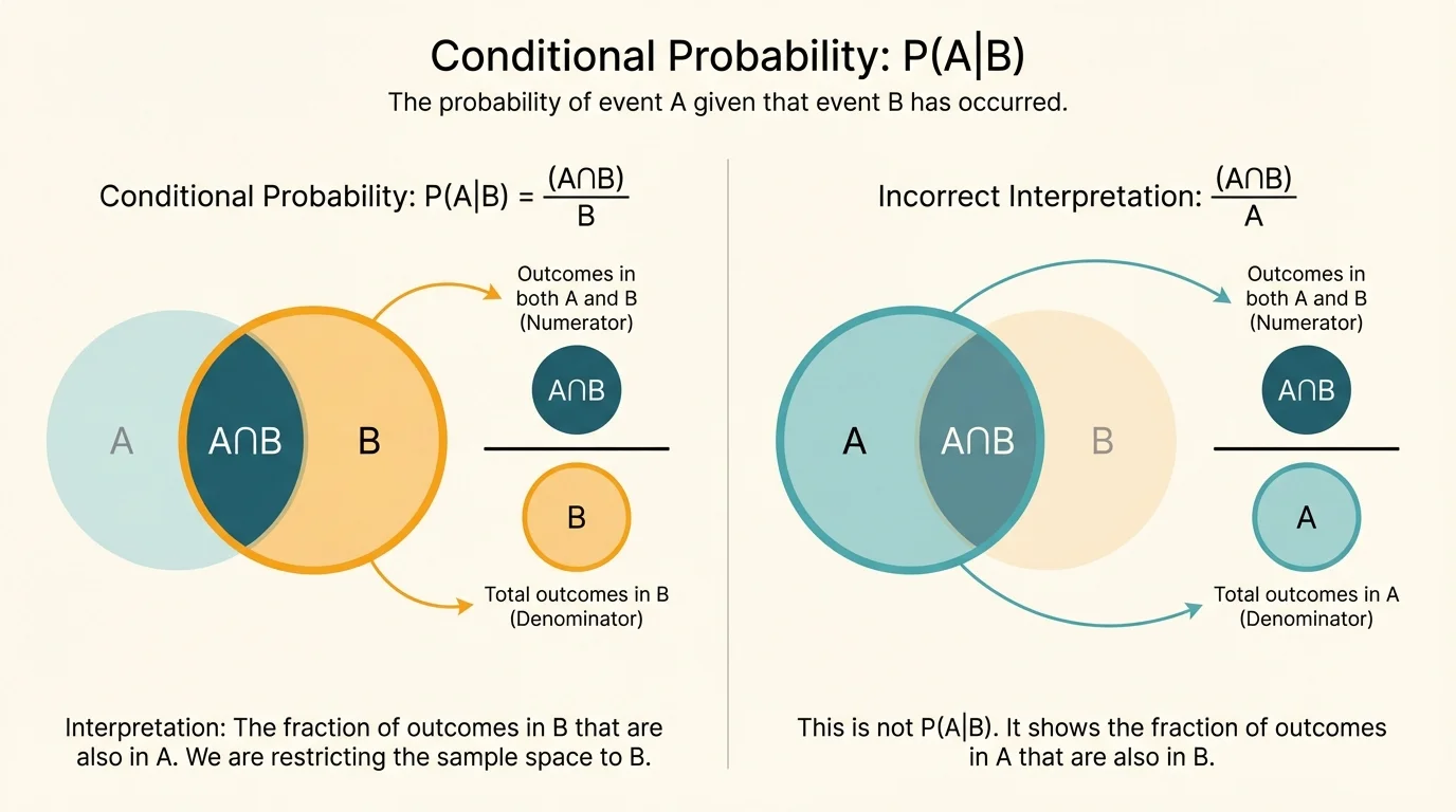 side-by-side Venn-style diagrams showing A∩B over B on one side and A∩B over A on the other
