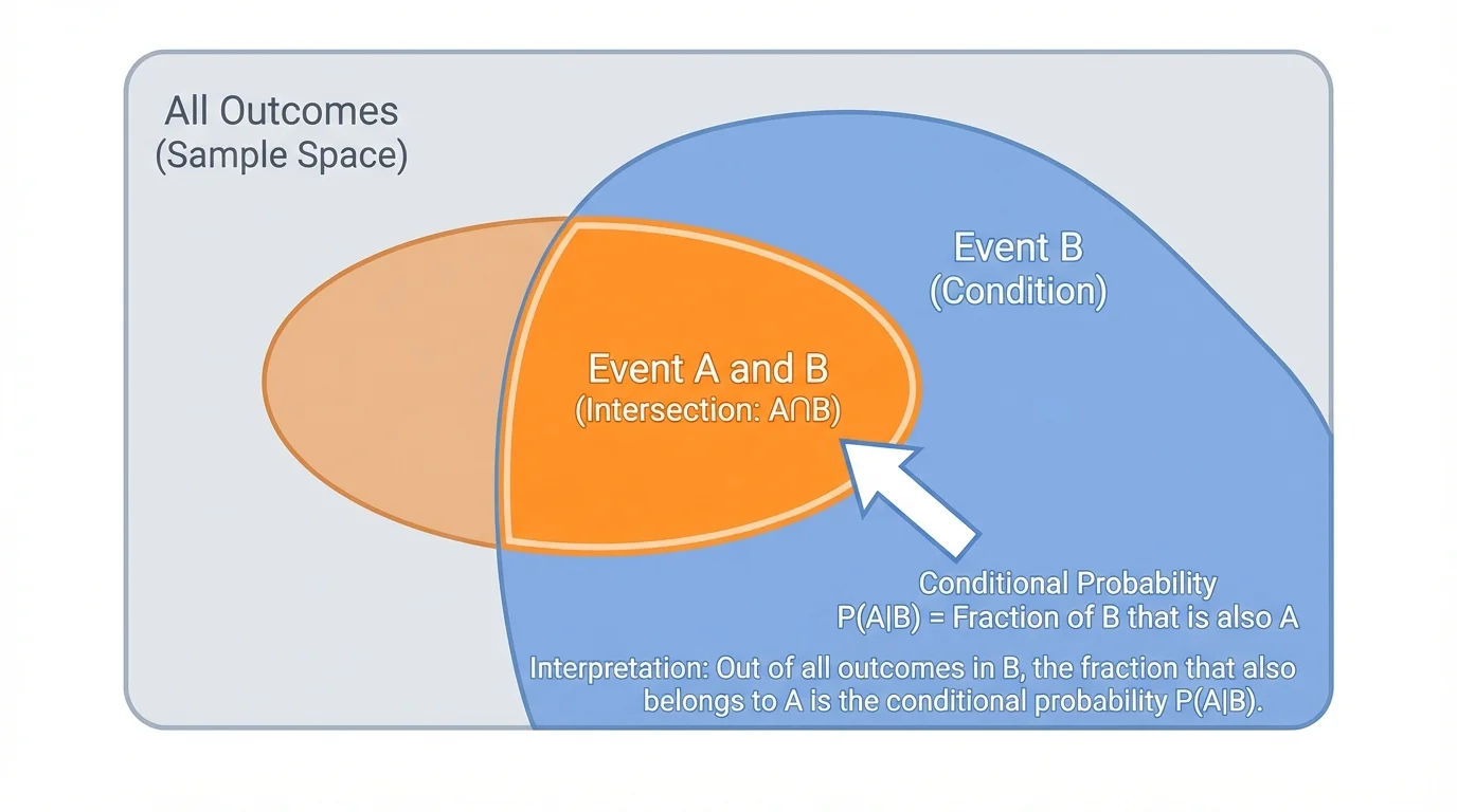 outcome diagram with a large rectangle for all outcomes, a highlighted region for B, and a smaller overlapping region for A∩B