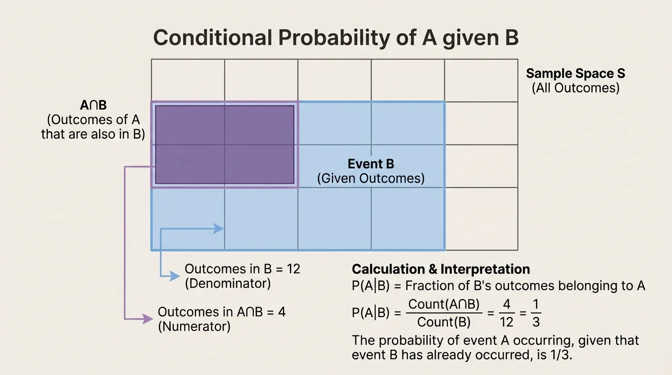 grid of equally likely outcomes with B shaded and overlap A∩B marked differently for counting conditional probability